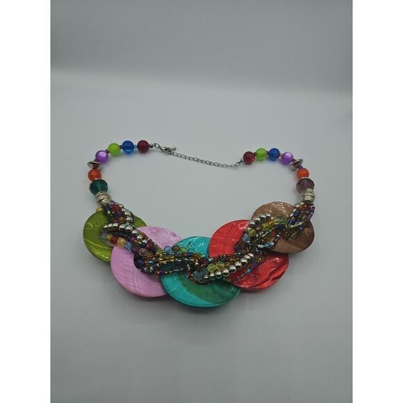 Chunky Disc Circle Hoop Shell Necklace Bib Twist Bead Circle Mother of Pearl 16" - Picture 10 of 10